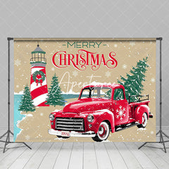 Aperturee - Winter Snowy Trees Red Car Merry Christmas Backdrop