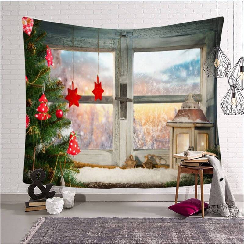 Aperturee - Winter Window Christmas Landscape Family Wall Tapestry