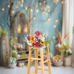 Aperturee - Wood Arch Bluish Wall Bokeh Floral Easter Backdrop