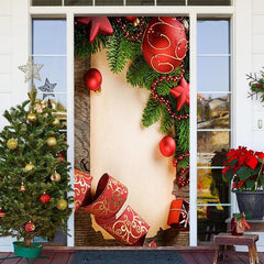 Aperturee - Wood Board Red Ball Green Leaf Christmas Door Cover