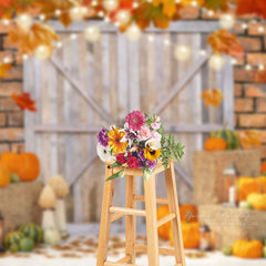 Aperturee - Wood Door Pumpkin Maple Leaves Light Autumn Backdrop