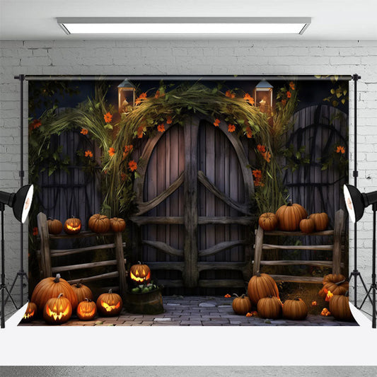 Aperturee - Wood Door Spooky Pumpkin Halloween Photo Backdrop