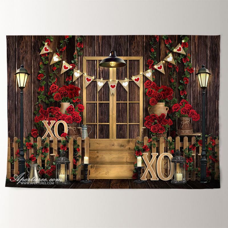 Aperturee - Wood Gold Door Roses Valentines Day Photo Backdrop