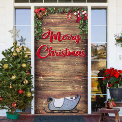 Aperturee - Wooden Board Sleigh Plants Christmas Door Cover