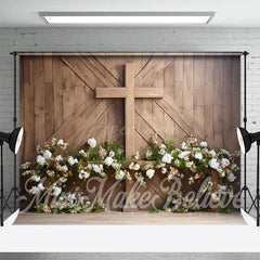 Aperturee - Wooden Board Wall Flowers Cross Easter Photo Backdrop