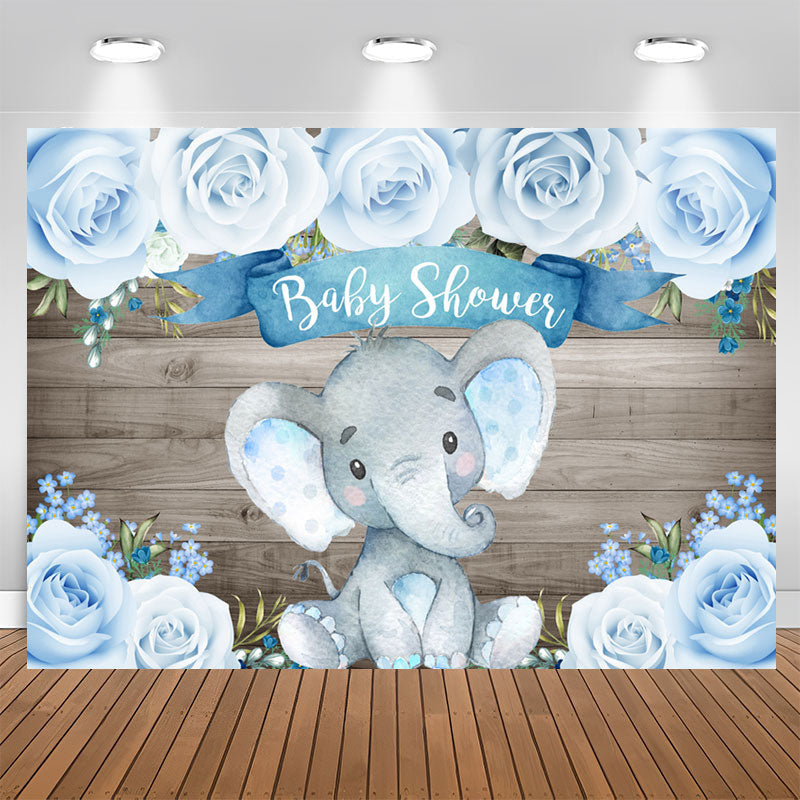 Aperturee - Wooden Bule Roses Baby Elephant Baby Shower Backdrop