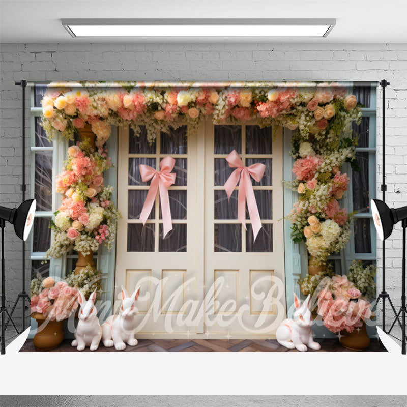 Aperturee - Wooden Door Bow Tie Rabbit Floral Easter Backdrop