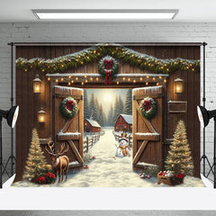 Aperturee - Wooden Door Elk Tree Snowy Winter Christmas Backdrop