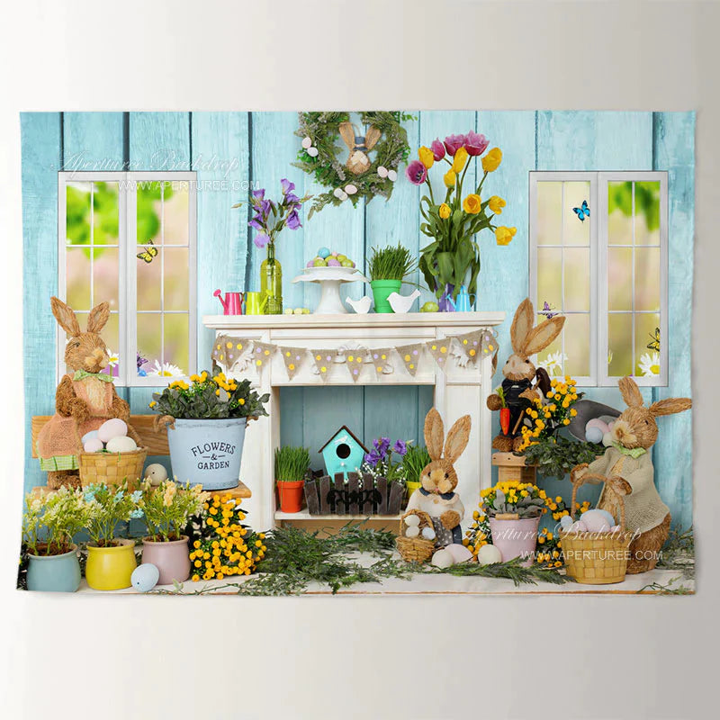 Aperturee - Wooden Floral Bunny Egg Hunter Easter Backdrop