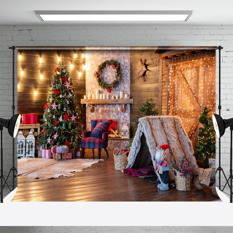 Aperturee - Wooden House Strip Light Tree Christmas Backdrop