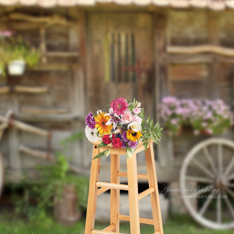 Aperturee - Wooden House Wheels And Flowers Spring Photo Backdrop