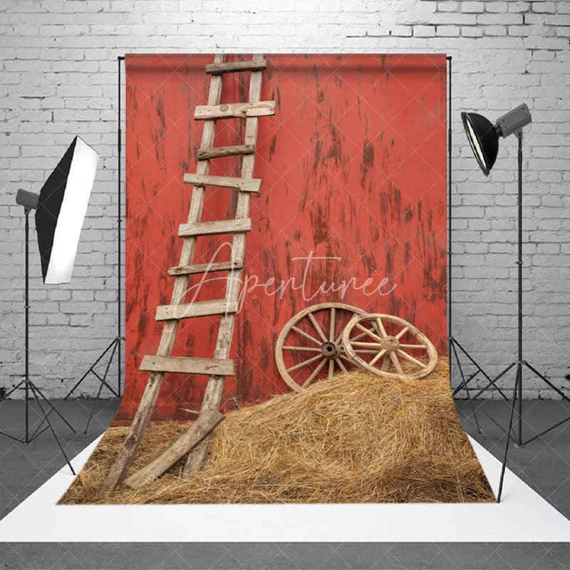 Aperturee - Wooden Ladder Wheel Straw Red Wall Photo Backdrop