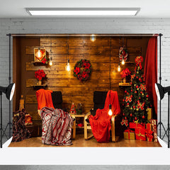 Aperturee - Wooden Wall Warm Light Xmas Tree Christmas Backdrop