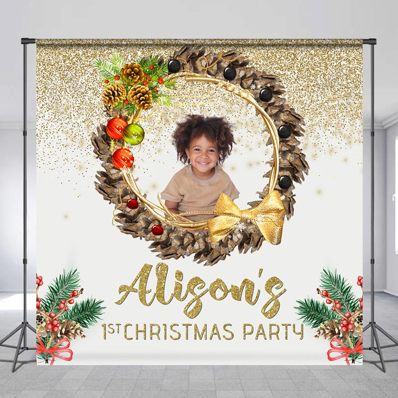 Aperturee - Wreath Gold Custom Photo 1st Christmas Backdrop