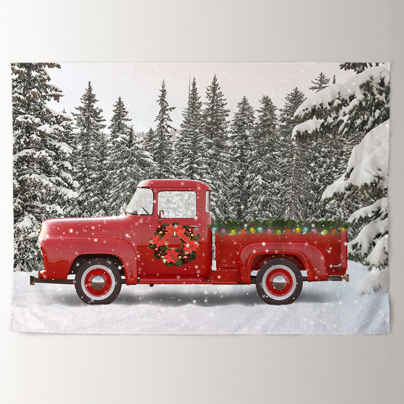 Aperturee - Wreath Red Truck Snowy Forest Christmas Backdrop
