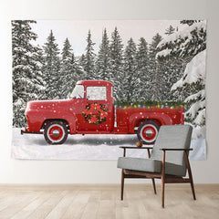 Aperturee - Wreath Red Truck Snowy Forest Christmas Backdrop