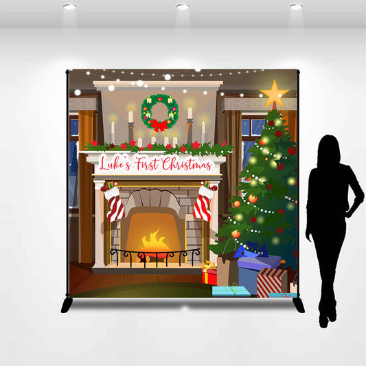 Aperturee - Xmas Tree Fireplace Custom Name Christmas Backdrop
