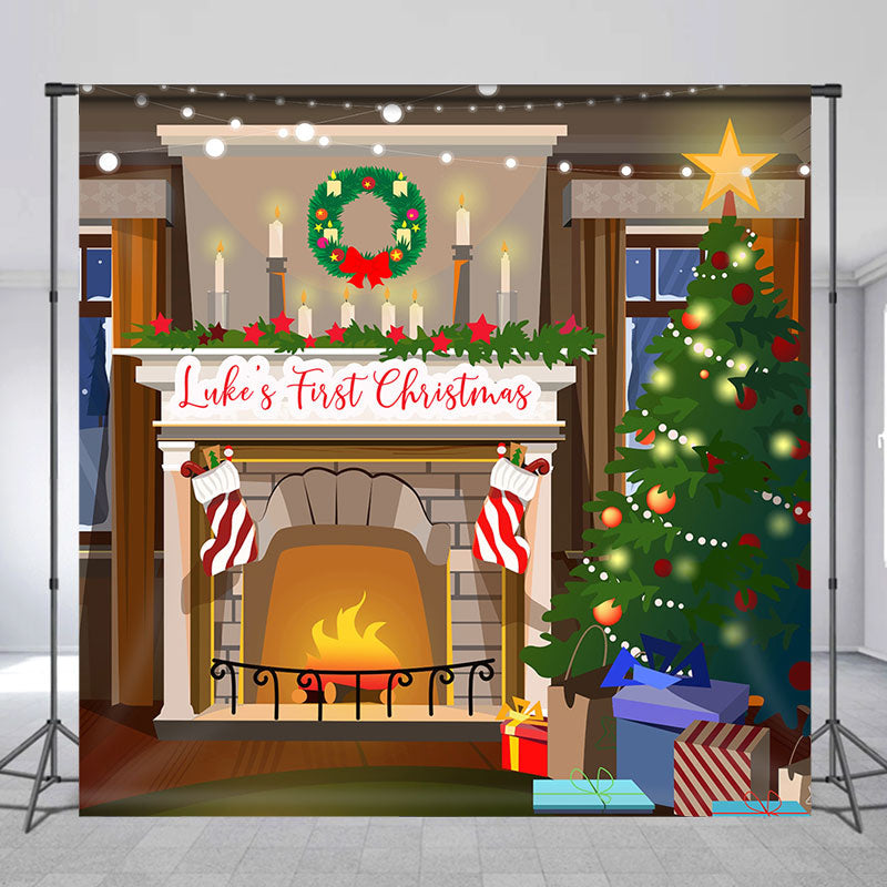 Aperturee - Xmas Tree Fireplace Custom Name Christmas Backdrop