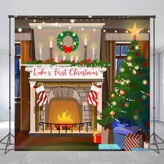 Aperturee - Xmas Tree Fireplace Custom Name Christmas Backdrop