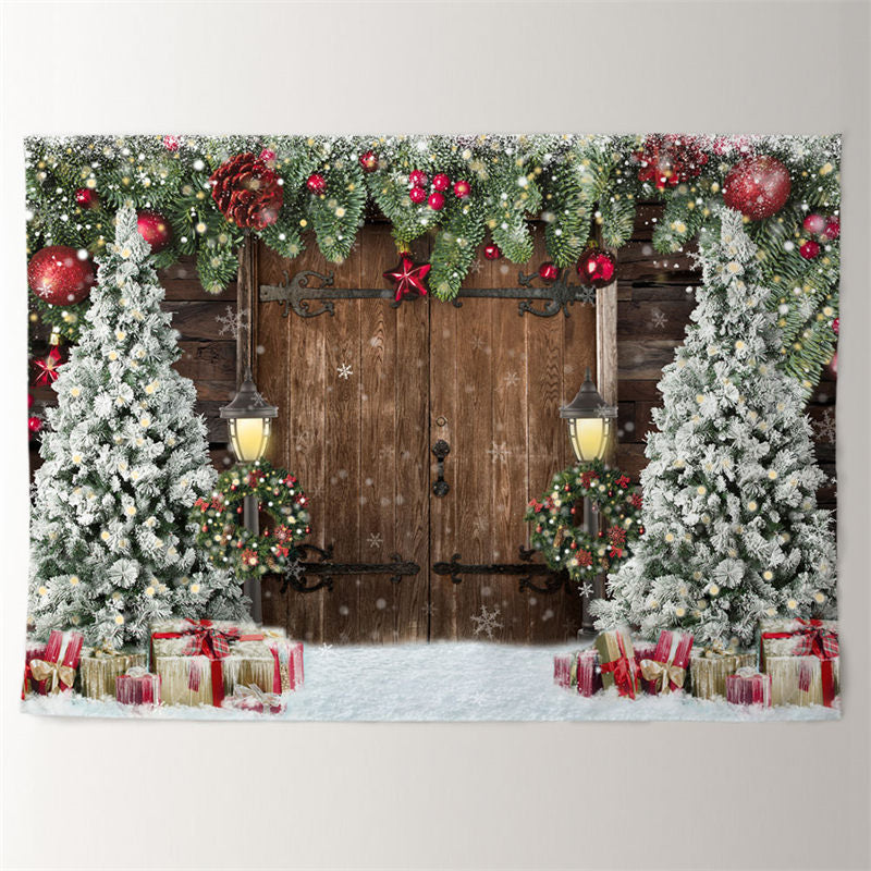 Aperturee - Xmas Tree Red Baubles Wood Door Snowy Backdrop