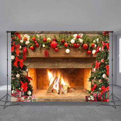 Aperturee - Xmas Warm Fireplace Red Bauble Family Backdrop