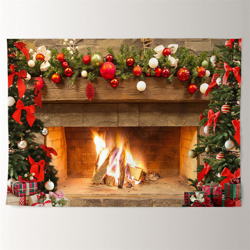 Aperturee - Xmas Warm Fireplace Red Bauble Family Backdrop