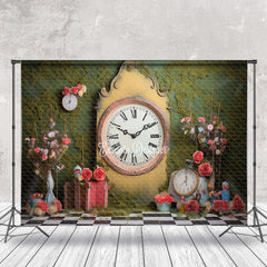 Aperturee - Yellow Retro Clock Grass Wall Spring Photo Backdrop