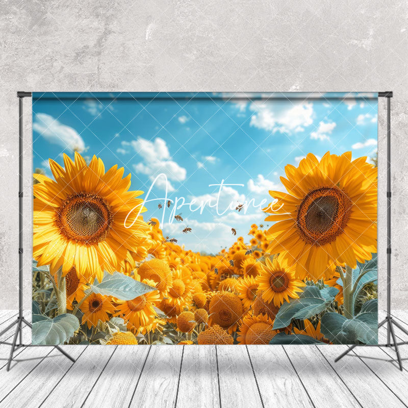 Aperturee - Yellow Sunflower Blue Sky Summer Backdrop For Photo