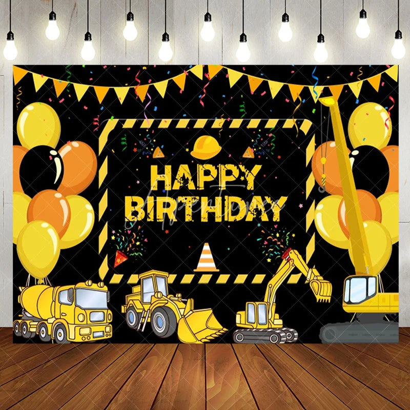 Aperturee - Yellow Truck Balloons Ribbons Birthday Backdrop