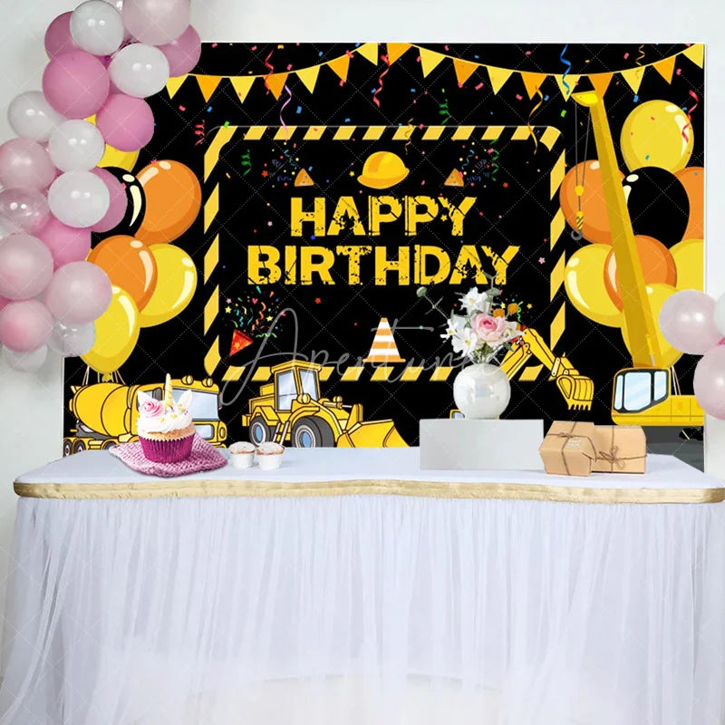 Aperturee - Yellow Truck Balloons Ribbons Birthday Backdrop