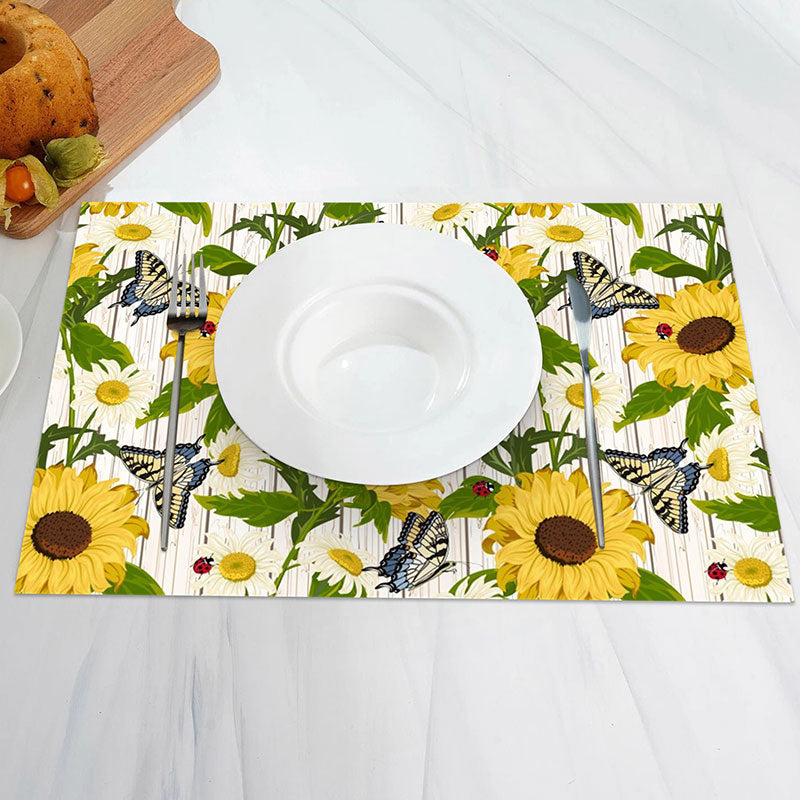 Aperturee - Yellow White Daisy Butterfly Line Set Of 4 Placemats