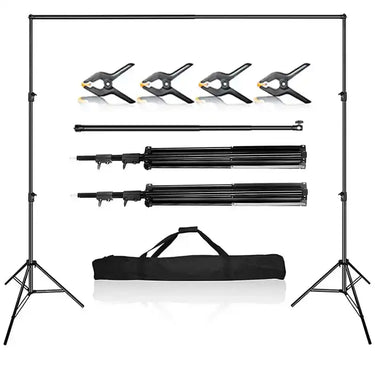 Black portable photography backdrop stand kit with clamps and carrying case