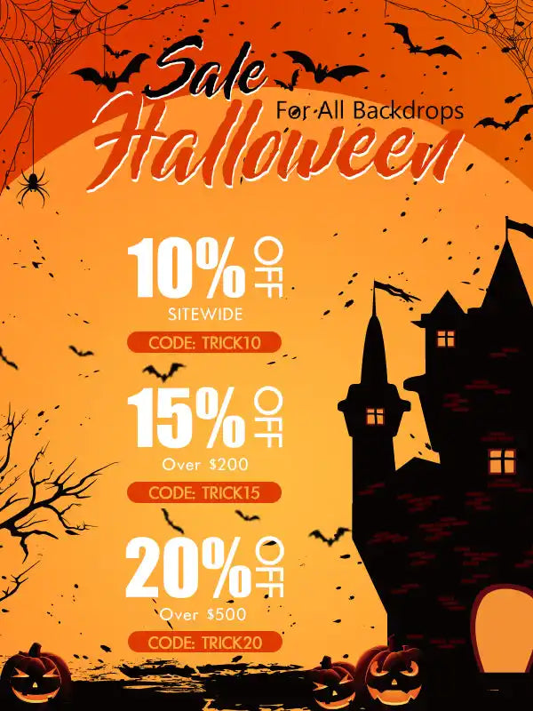 Halloween-themed backdrop with spooky castle silhouette and jack-o’-lanterns, orange background