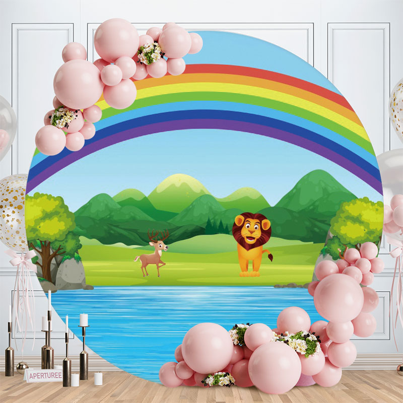 Aperturee - Animals Rainbow Happy Birthday Round Backdrop