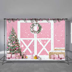 Aperturee - Baby Pink Wooden Door Merry Christmas Backdrop