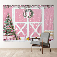 Aperturee - Baby Pink Wooden Door Merry Christmas Backdrop
