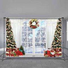 Aperturee - Ball Wreath White Curtain Snowy Christmas Backdrop