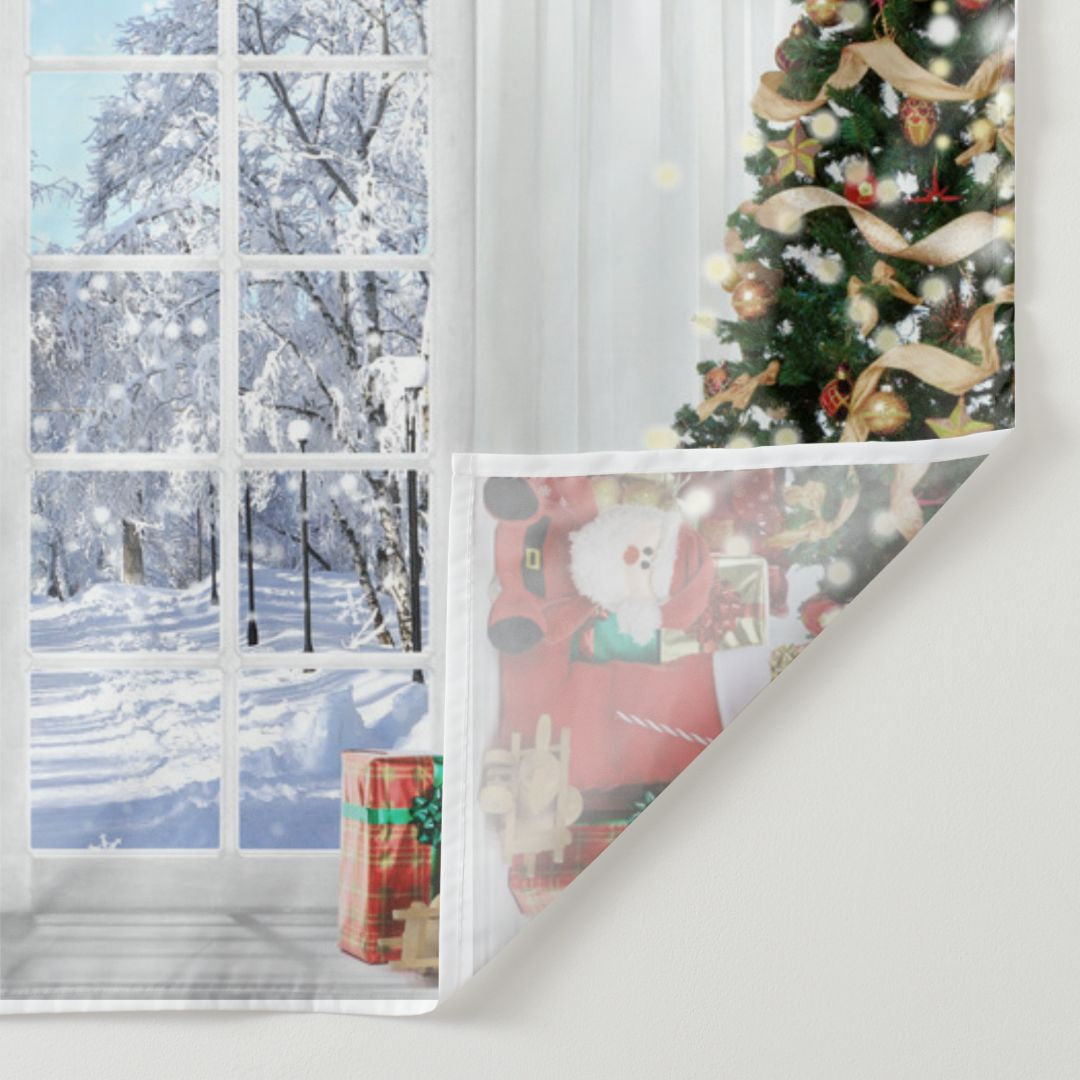 Aperturee - Ball Wreath White Curtain Snowy Christmas Backdrop