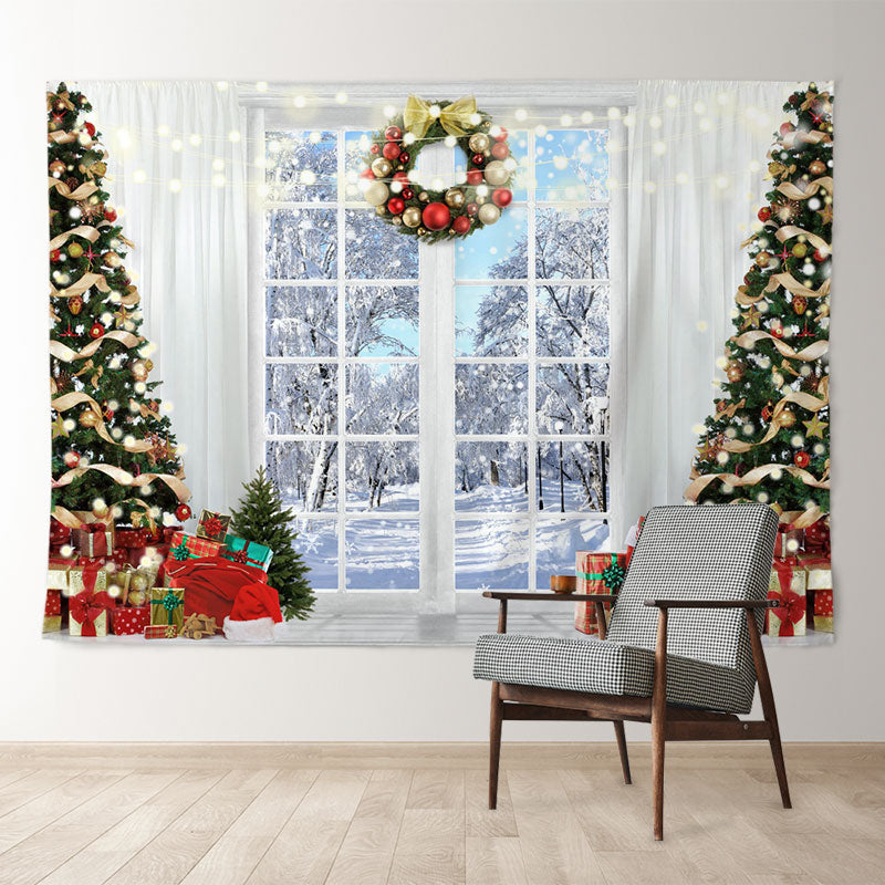 Aperturee - Ball Wreath White Curtain Snowy Christmas Backdrop