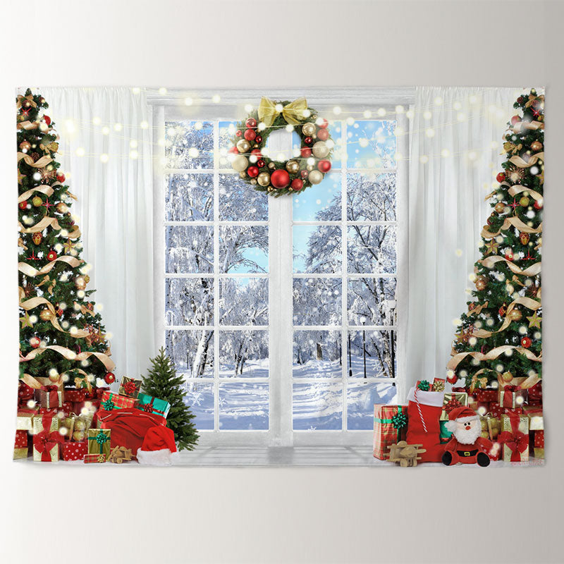 Aperturee - Ball Wreath White Curtain Snowy Christmas Backdrop