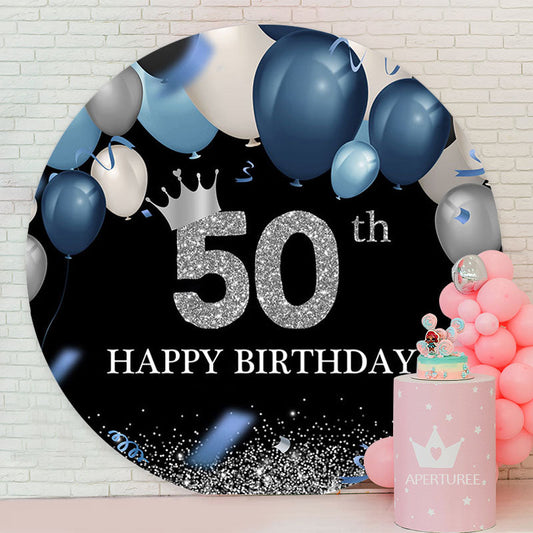 Aperturee - Balloon Silver Happy 50Th Birthday Round Backdrop