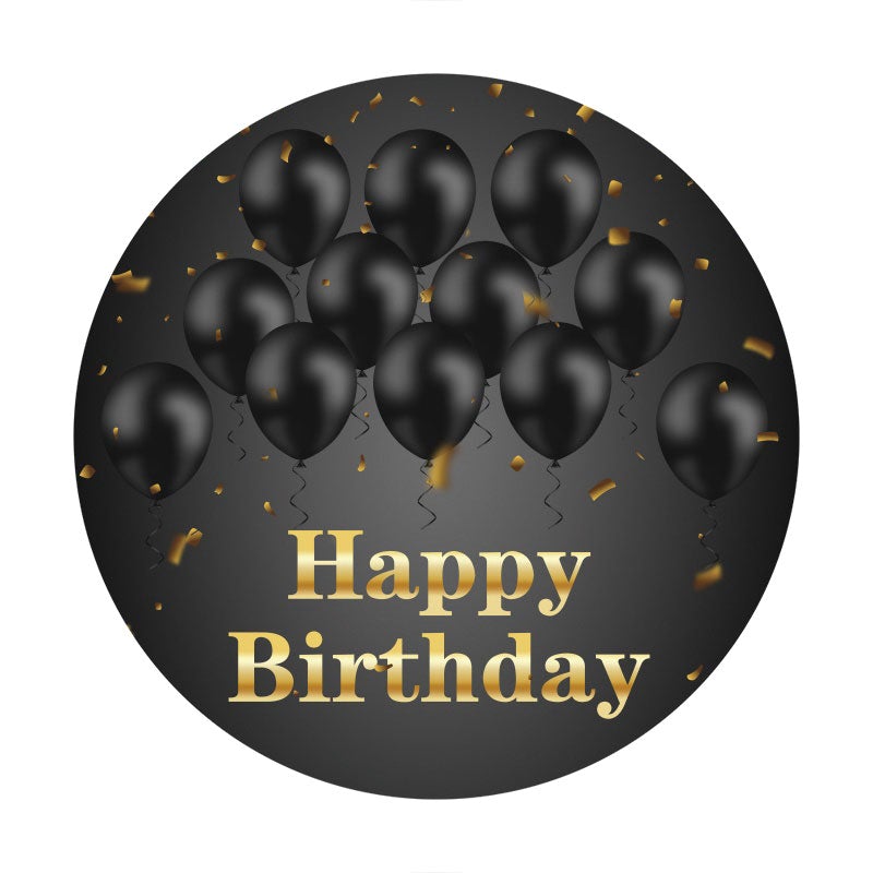 Aperturee - Black Ballons Round Gold Happy Birthday Backdrop
