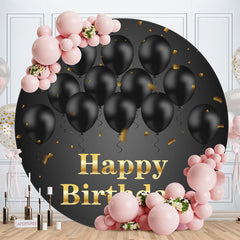 Aperturee - Black Ballons Round Gold Happy Birthday Backdrop