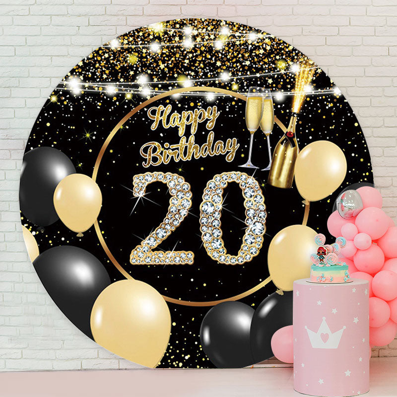 Aperturee - Black Gold Round Happy 20Th Birthday Backdrop