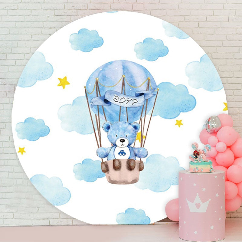 Aperturee - Blue Ballon Bear Round Boys Baby Shower Backdrop