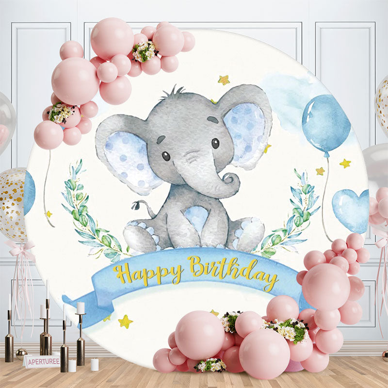 Aperturee - Blue Ballon Elephant Round Birthday Backdrop