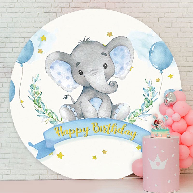Aperturee - Blue Ballon Elephant Round Birthday Backdrop