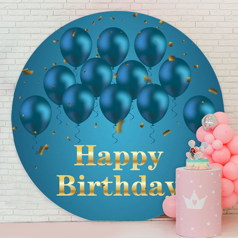 Aperturee - Blue Ballons Round Gold Happy Birthday Backdrop
