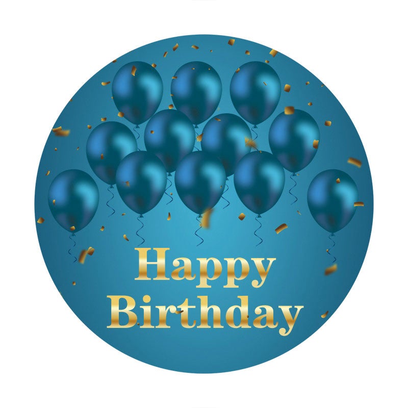Aperturee - Blue Ballons Round Gold Happy Birthday Backdrop