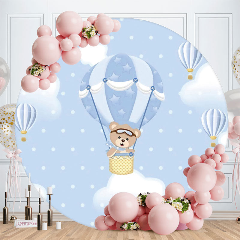 Aperturee - Blue Bear Ballon Round Birthday Party Backdrop